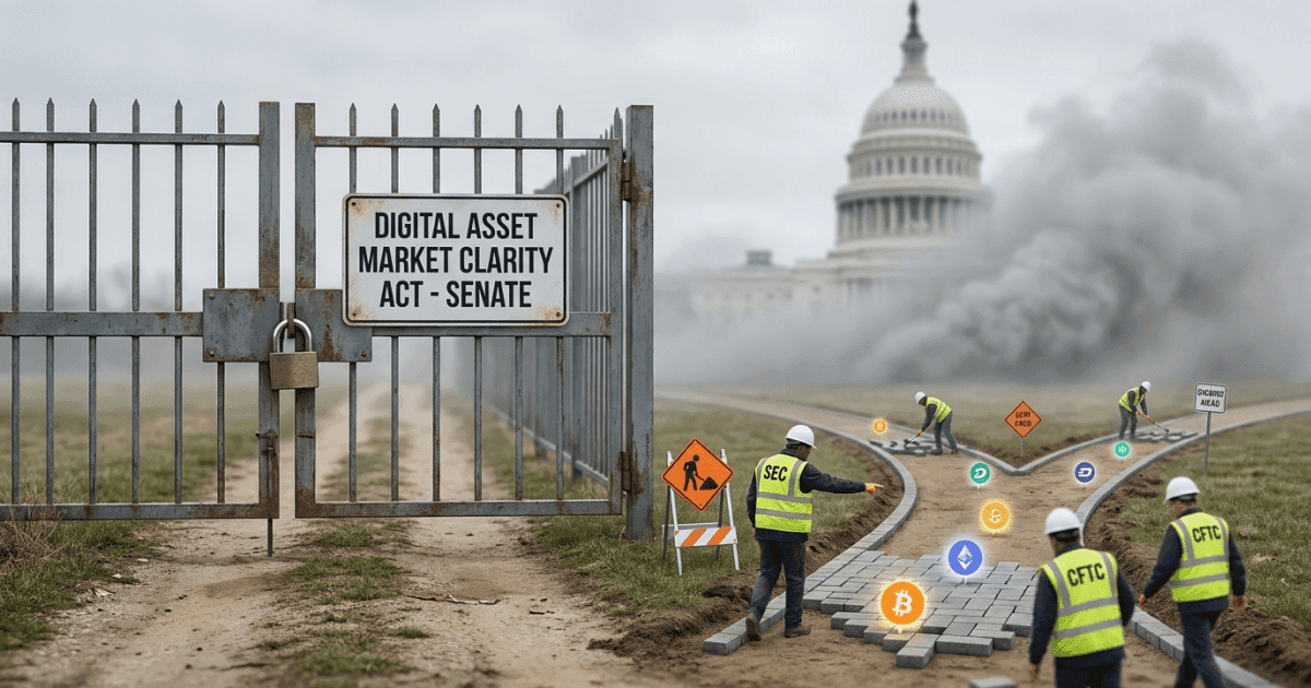 Ilustração editorial sobre regulação: Regulação Cripto nos EUA: Projeto de Lei Trava, Mas Agências Avançam