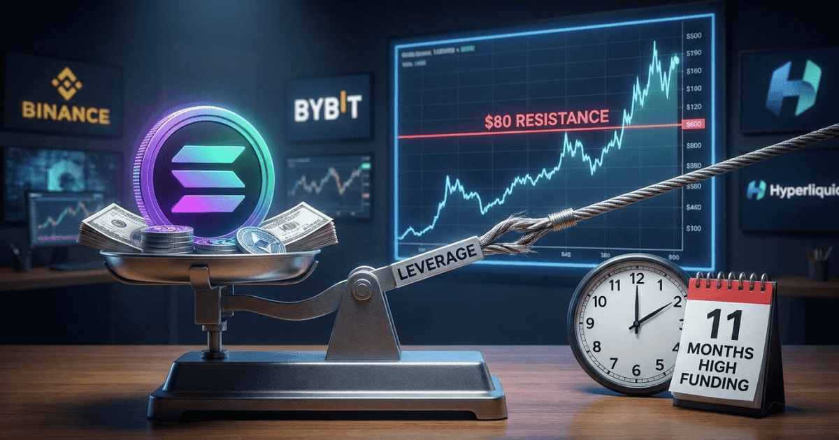 Ilustração editorial sobre altcoins: Altcoin Solana: Alavancagem Atinge Máxima de 11 Meses Perto dos US$ 80