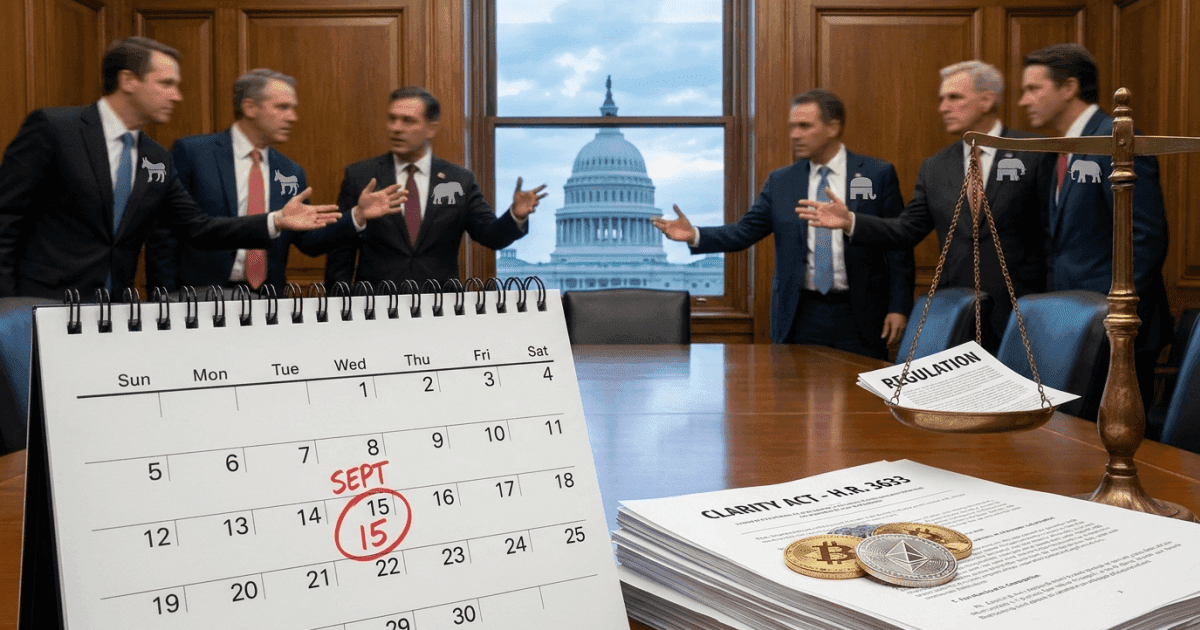 Ilustração editorial sobre regulação: Regulação Cripto nos EUA: Casa Branca Pressiona por Votação do CLARITY Act