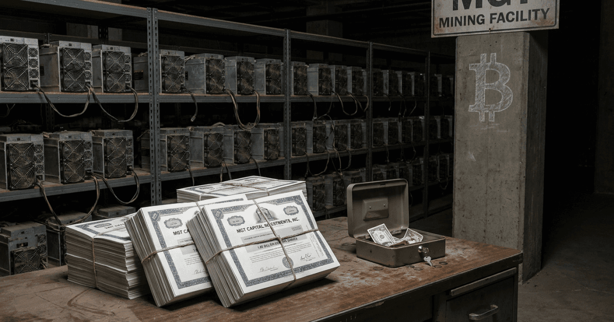 Ilustração editorial sobre bitcoin: Mineradora de Bitcoin Inativa MGT Emite Bilhões de Ações para Sobreviver