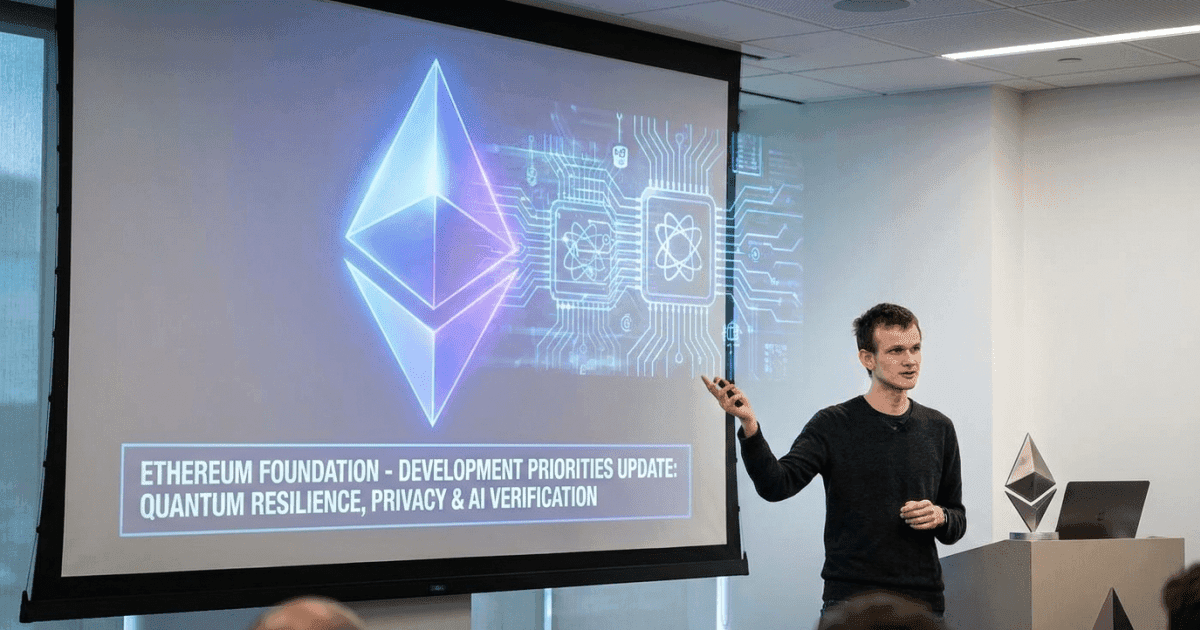 Ilustração editorial sobre ethereum: Ethereum Prioriza Segurança Quântica e IA em Nova Estratégia, Afirma Vitalik Buterin