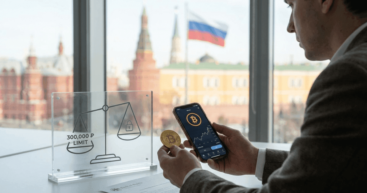 Ilustração editorial sobre regulação: Regulação Russa Libera Negociação de Bitcoin para Varejo com Limites