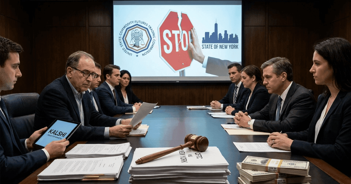 Ilustração editorial sobre regulação: Regulação: CFTC e Nova York em Batalha por Mercados de Previsão