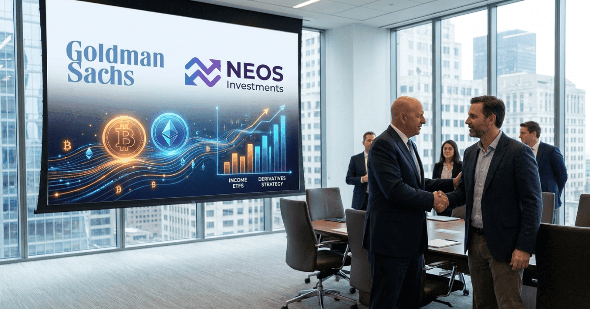 Ilustração editorial sobre regulação: Regulação Cripto: Goldman Sachs Adquire NEOS e Amplia Oferta de ETFs de Renda