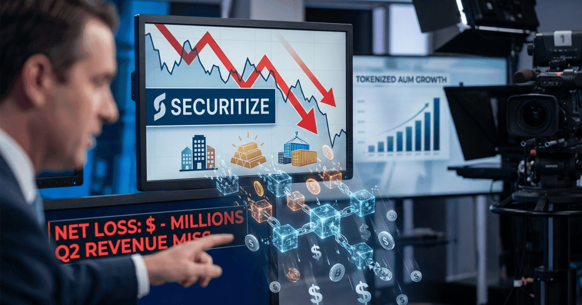 Ilustração editorial sobre regulação: Securitize Reporta Queda de Receita de Tokenização e Prejuízo Ampliado no 2º Trimestre