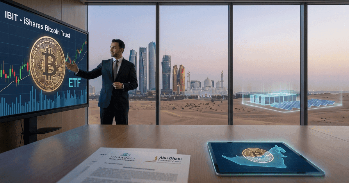 Ilustração editorial sobre bitcoin: Fundos Soberanos de Abu Dhabi Mantêm Bilhões em Bitcoin via ETFs