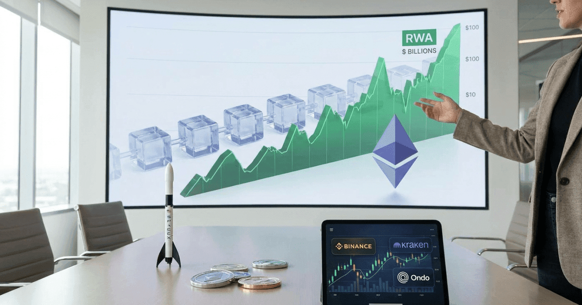 Ilustração editorial sobre ethereum: Ações Tokenizadas Disparam: Mercado de RWA Cresce com Ethereum