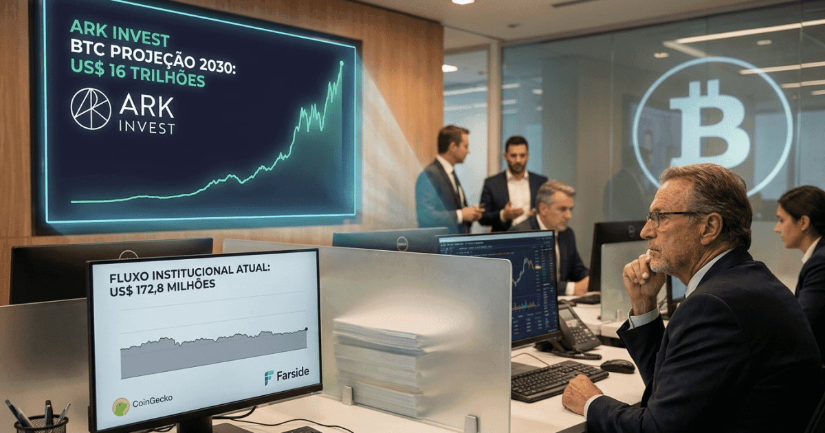 Ilustração editorial sobre bitcoin: Projeção de US$ 16 Trilhões para Bitcoin da ARK Invest Enfrenta Desafios