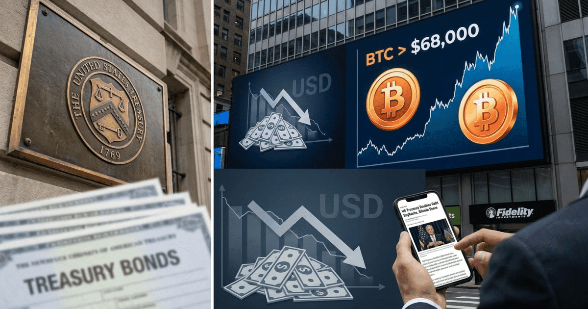 Ilustração editorial sobre bitcoin: Bitcoin Supera US$ 68 Mil Após Ação Estratégica do Tesouro dos EUA
