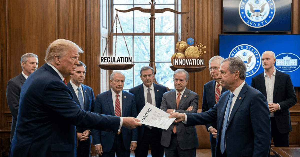 Ilustração editorial sobre regulação: Regulação Cripto nos EUA: Trump Pressiona por Lei CLARITY com Líderes do Setor