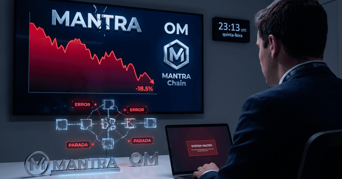 Ilustração editorial sobre altcoins: Token MANTRA Despenca 18% Após Parada Inexplicada da Blockchain