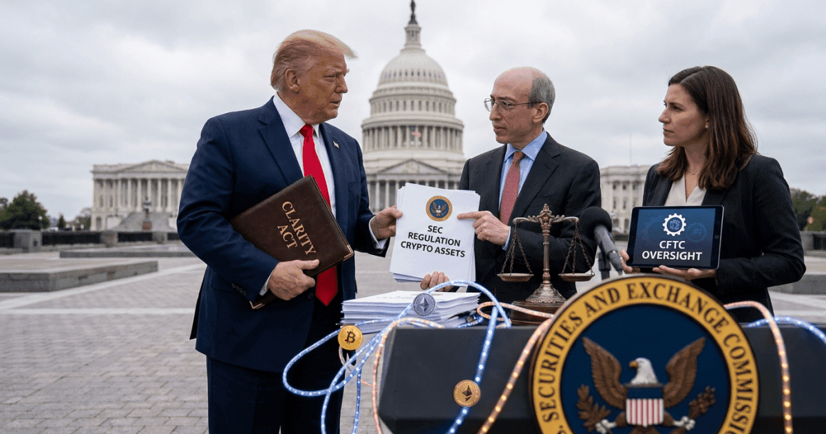 Ilustração editorial sobre regulação: Regulação Cripto nos EUA: Trump, SEC e CFTC Intensificam Ações